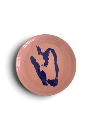 Pink shallow serving bowl with blue pepper design by Ottolenghi for Serax