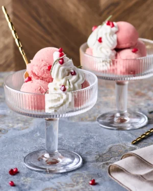 La Rochere Alice dessert coupe with pink ice cream and cream