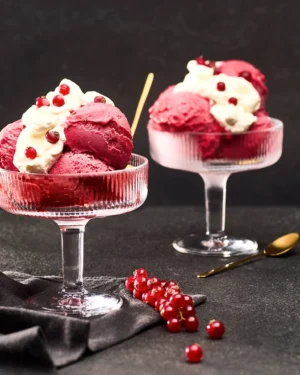 La Rochere Alice dessert coupe with red ice cream and cream