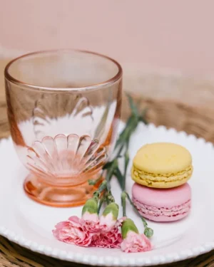 La Rochere Belle-ile tumbler in Pink on plate with macarons