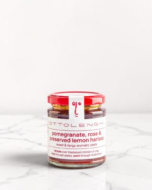 Ottolenghi Pomegranate Rose and Preserved Lemon Harissa on Marble Counter